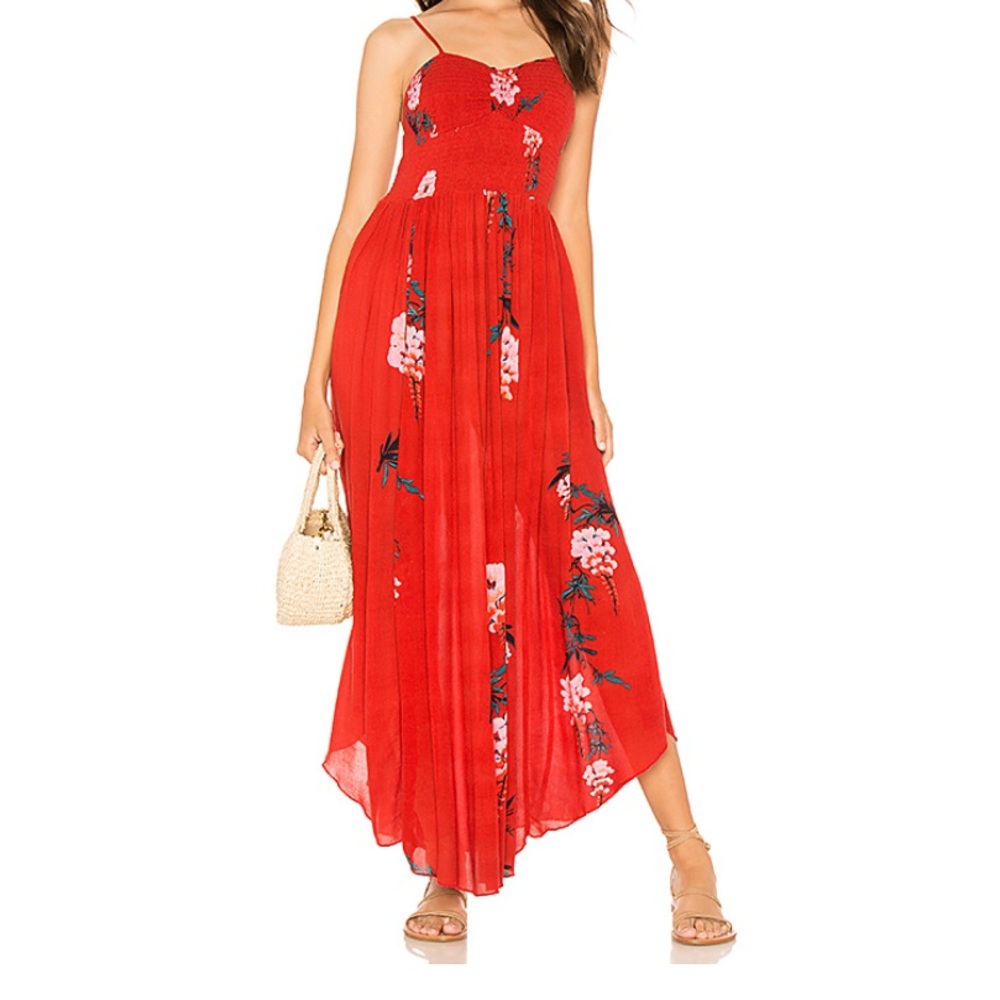 Beau Smocked Printed Slip Dress in Red